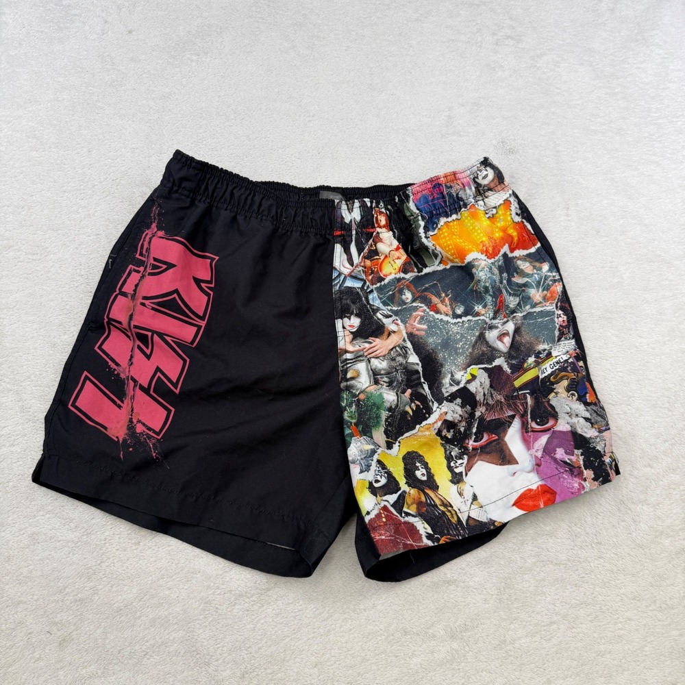 KISS Band Graphic Swim Trunks Mens Medium Black Collage Rock Music Shorts